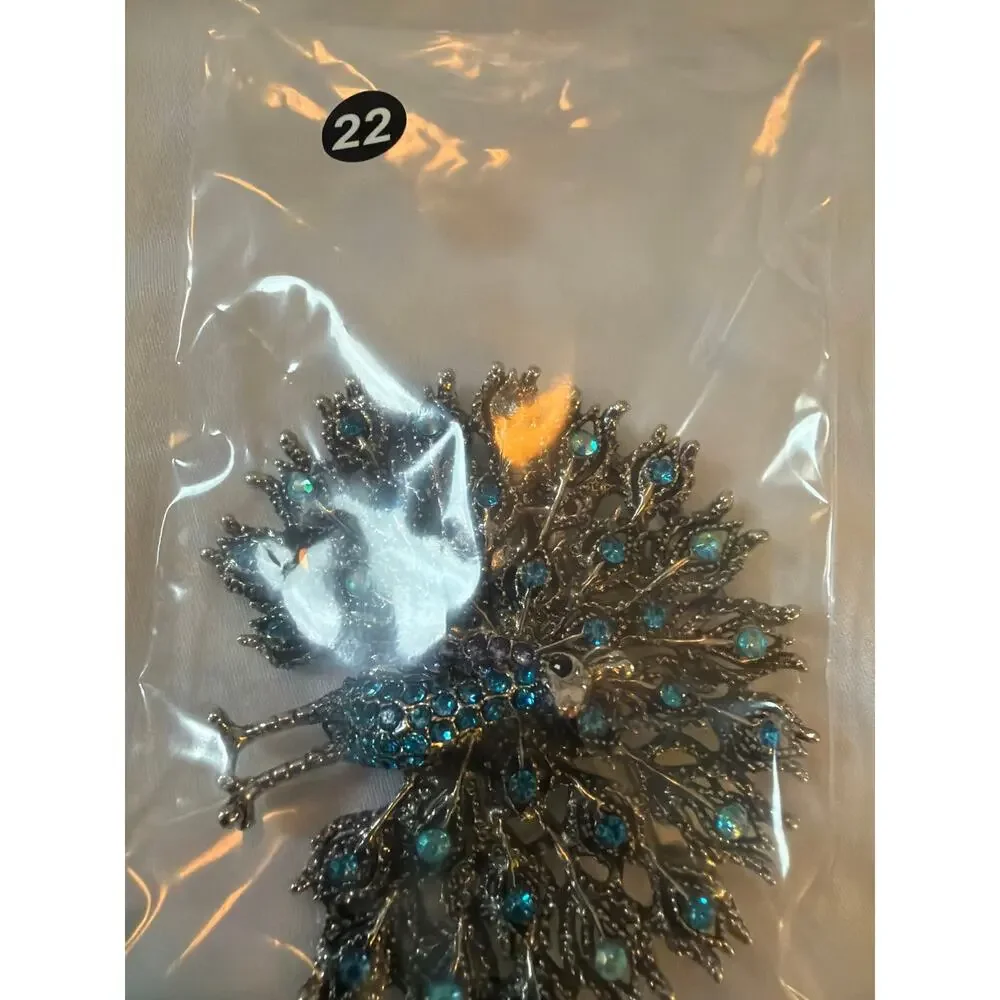Vintage Large Peacock Brooch Blue AB Rhinestones Silver Tone Statement Pin